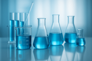 Clean table setup with blue-tinted liquid and reflections create image